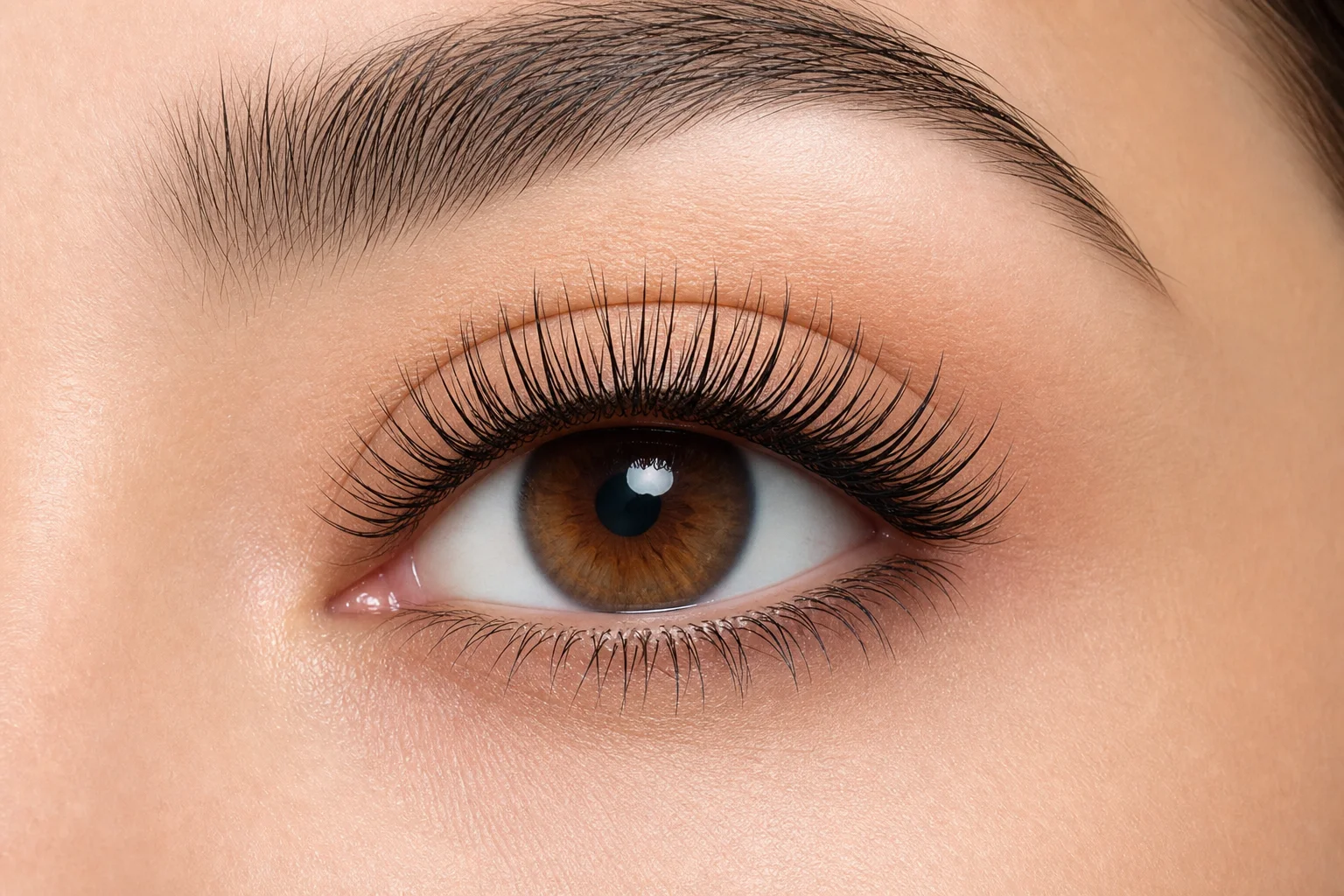 Mascara-applied lashes showing dramatic volume, length, and lift with no flaking