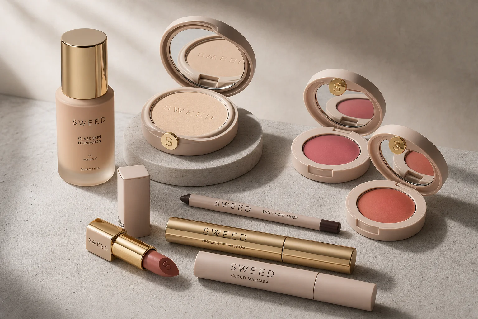 Sweed Beauty makeup collection arranged on concrete surface showing foundation, powder, blush, lipstick, and mascara