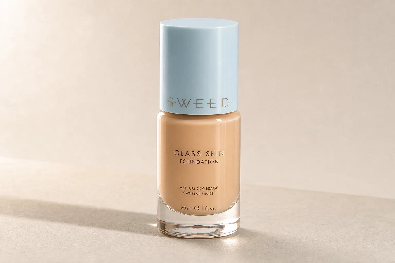 Sweed Beauty makeup collection arranged on concrete surface showing foundation, powder, blush, lipstick, and mascara