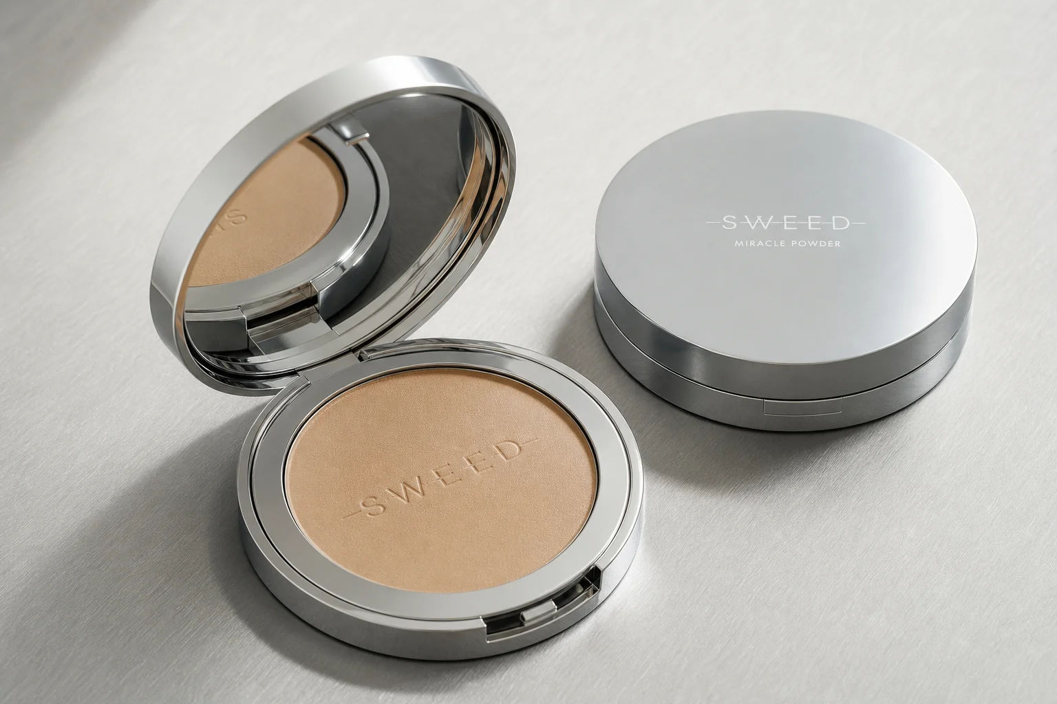 Sweed Beauty makeup collection arranged on concrete surface showing foundation, powder, blush, lipstick, and mascara
