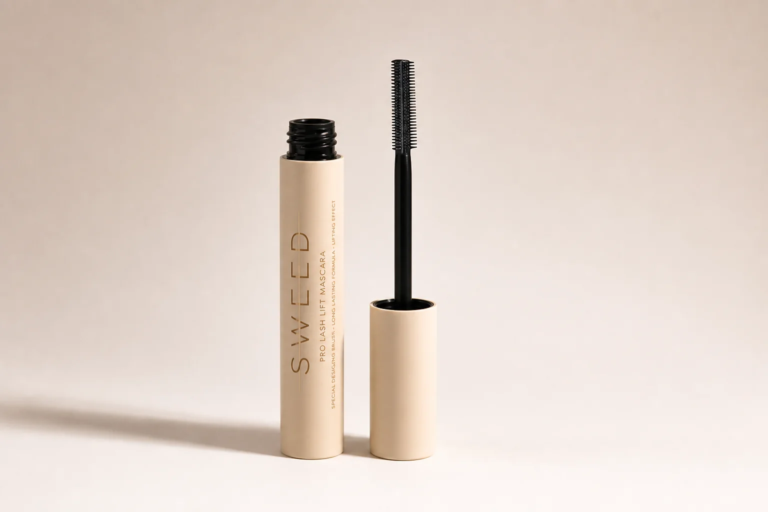 Sweed Beauty makeup collection arranged on concrete surface showing foundation, powder, blush, lipstick, and mascara