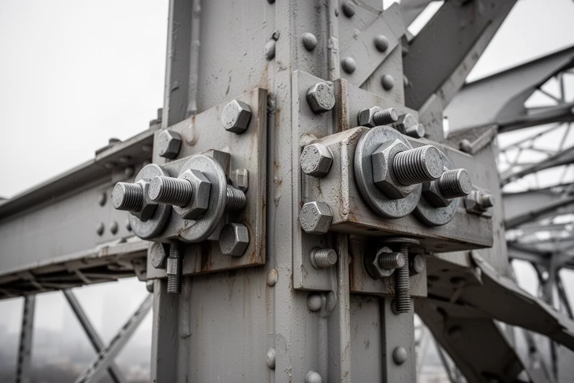 IJzerwerker die een grote constructiebout aandraait aan het stalen frame van een brug