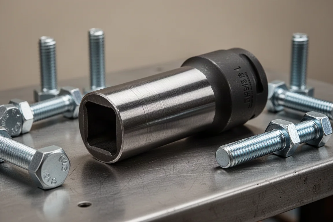 Close-up van een extreem lange impactverlenging met 1-inch aandrijving op een werkbank