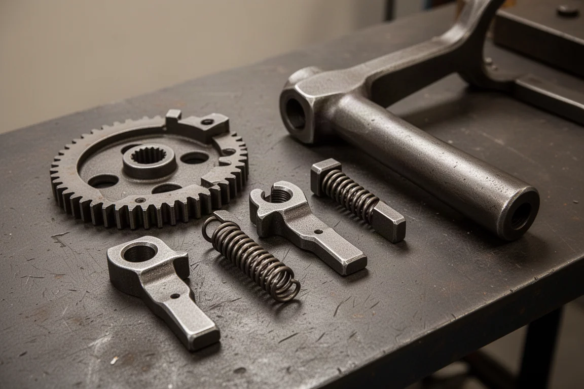 Uit elkaar genomen slagmechanisme met tandwiel en veerbelaste grepen
