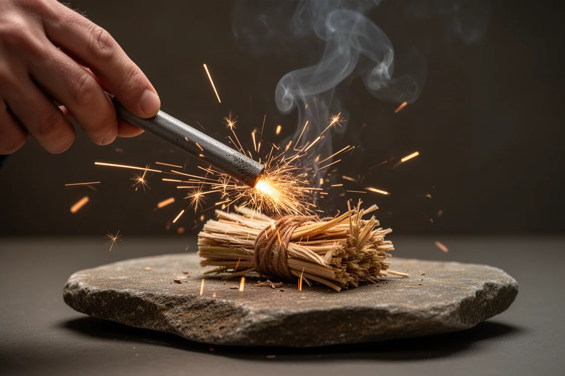 Chispas saltando de un ferro rod hacia un manojo de yesca