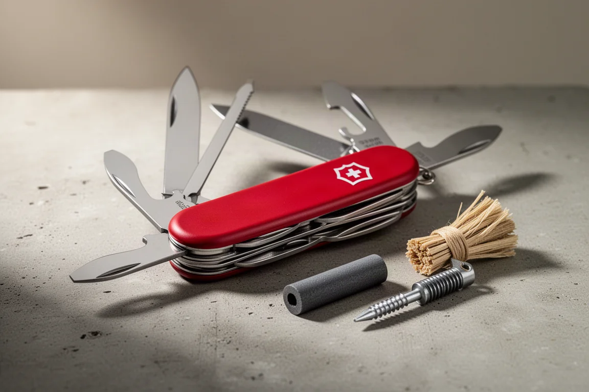 Open Swiss Army knife with ferro rod and tinder bundle attachments on concrete