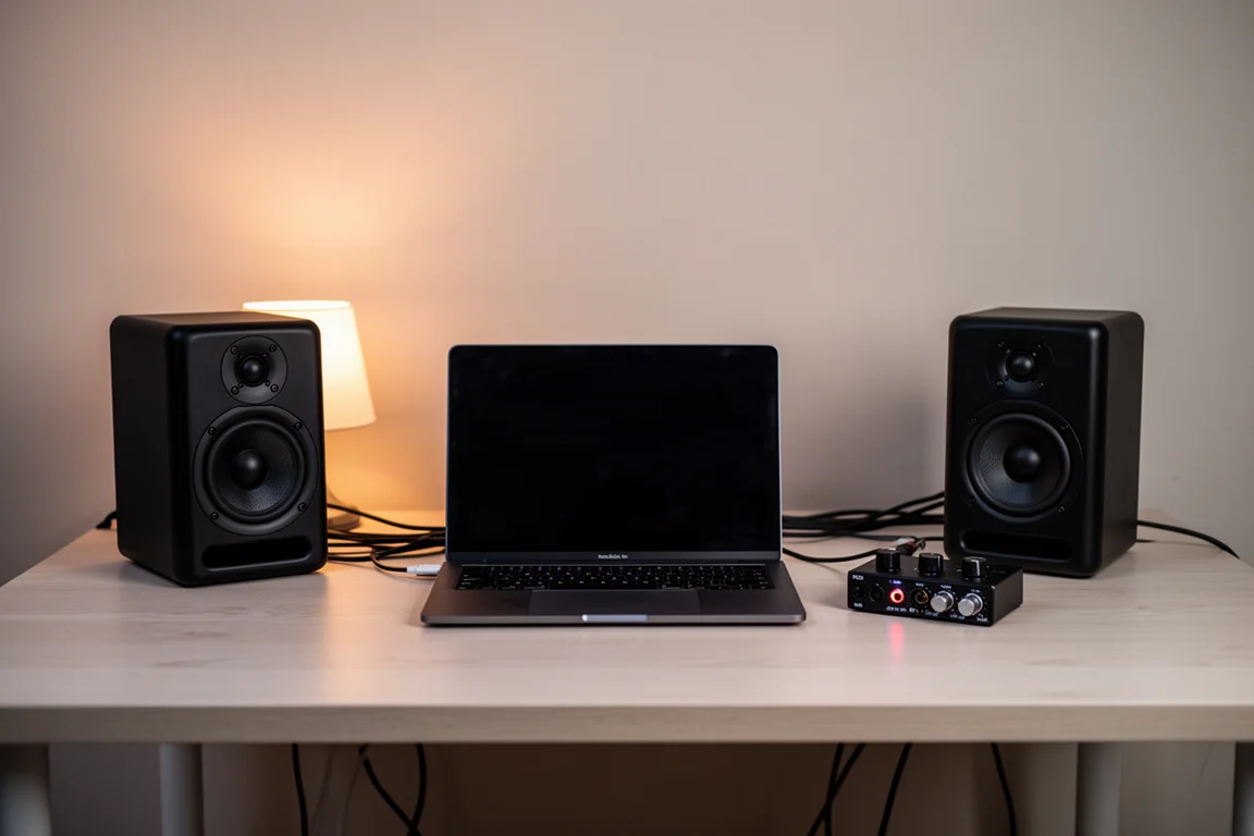 Due monitor da studio neri compatti su una scrivania di legno accanto a un laptop al crepuscolo