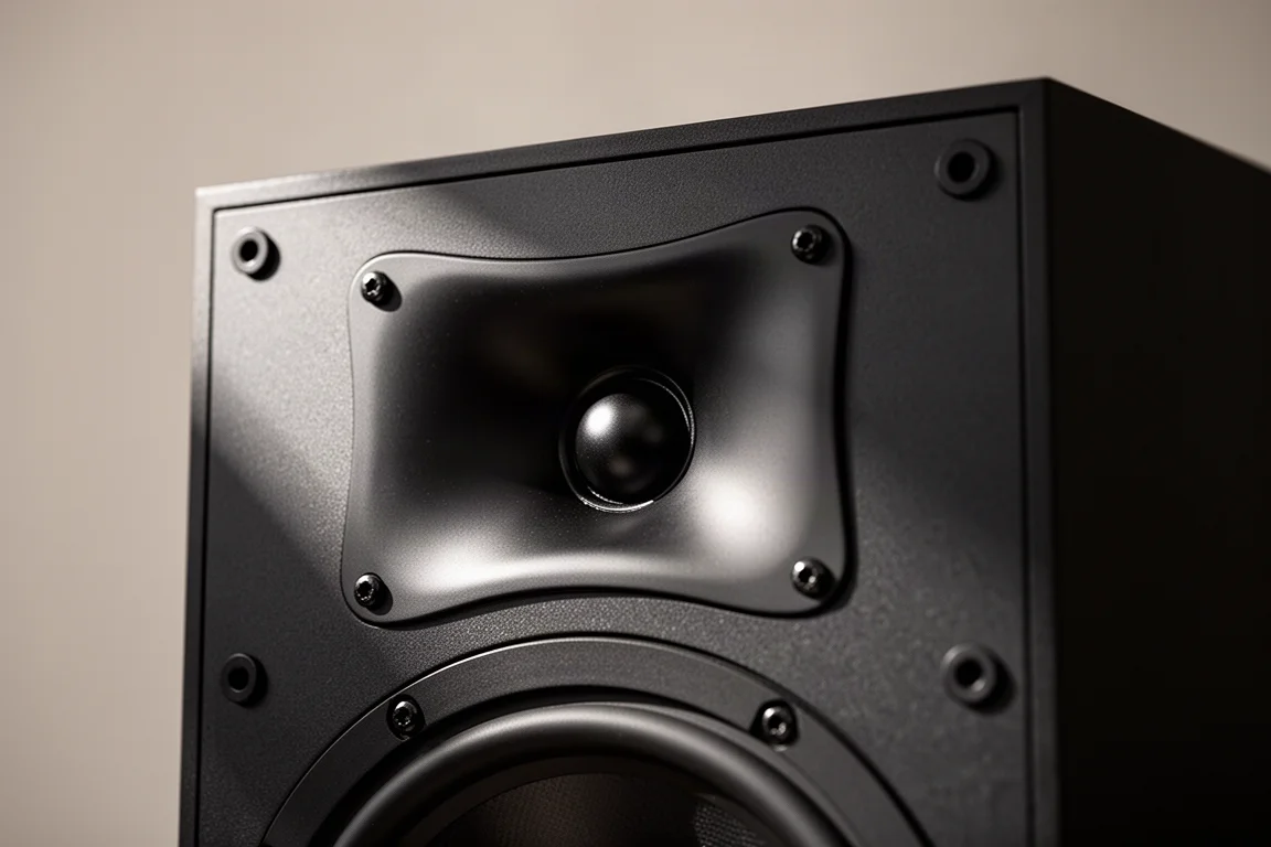 Primo piano della guida d'onda di un monitor da studio e del tweeter a cupola su un cabinet nero