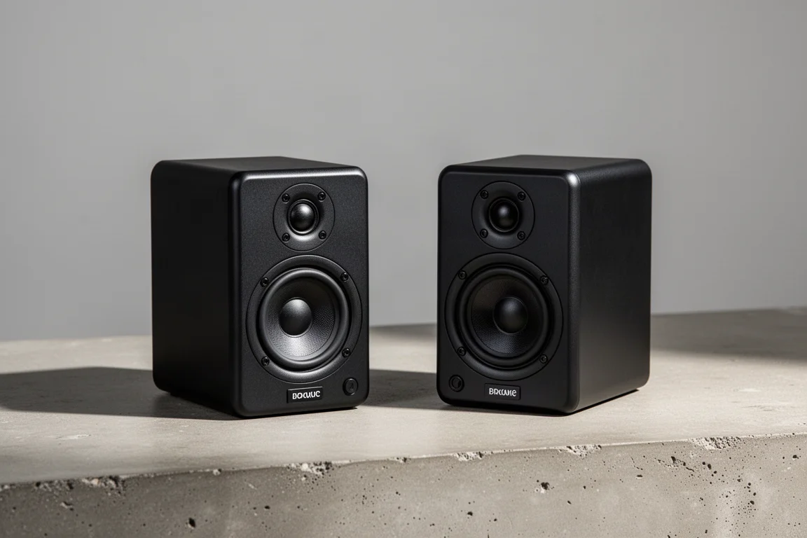 Due diffusori monitor da studio neri compatti affiancati su una superficie di cemento
