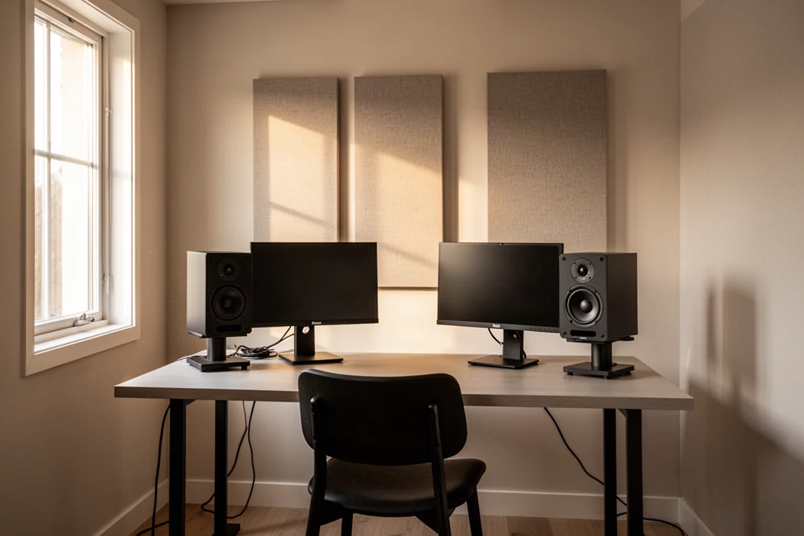 Piccola sala d'ascolto trattata con due monitor su supporti rivolti verso una sedia vuota