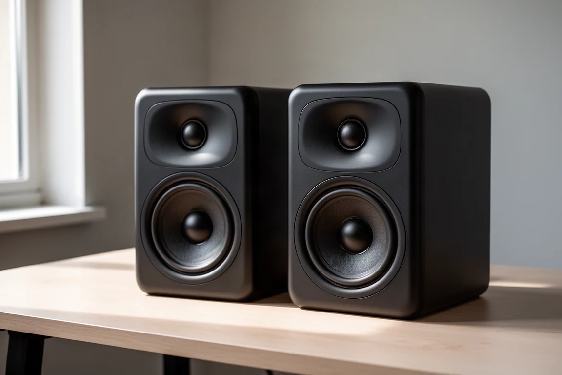 Pair of compact black two-way powered studio monitors on a pale wood desk