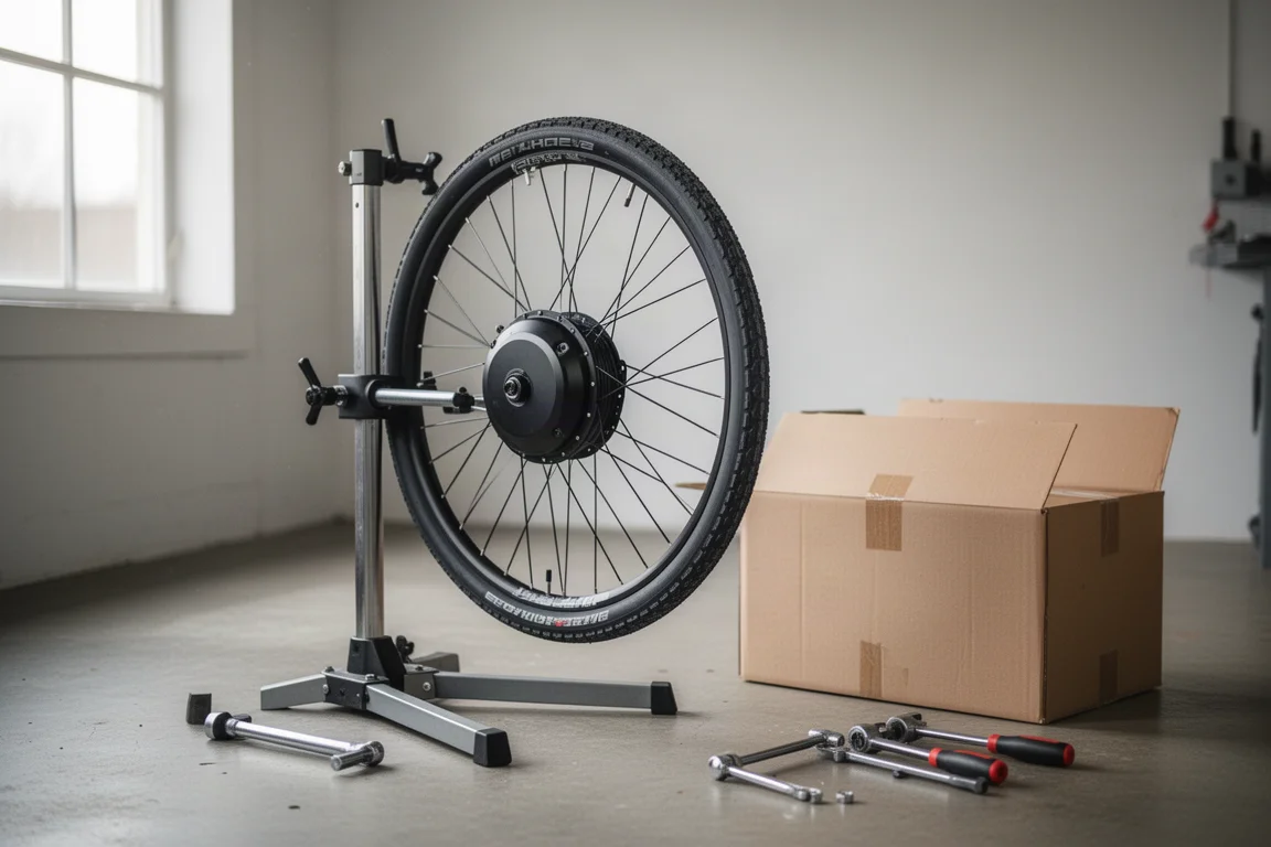 Fietsvoorwiel met naafmotor in een werkplaatsstandaard met gereedschap in de buurt
