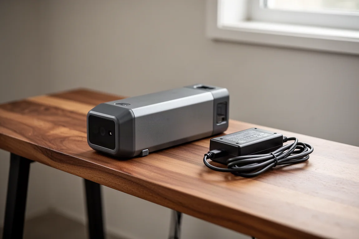 Compact e-bike batterijpakket en oplader op een houten werkbank