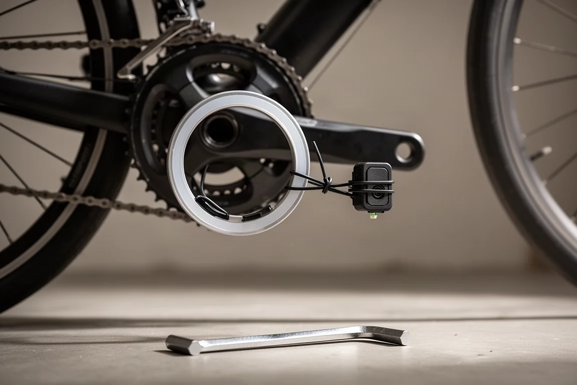 Close-up van een crankstel met magneetring en sensor vastgezet met tiewraps
