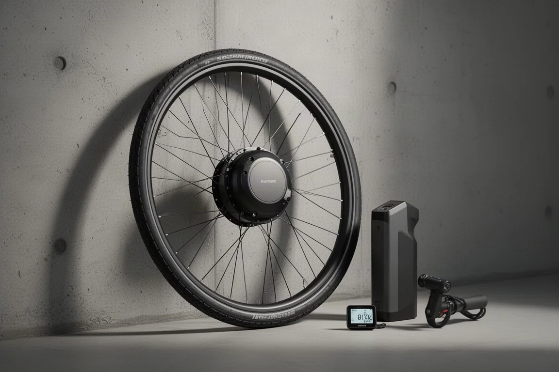 Front bike wheel with hub motor, compact battery pack and handlebar display on concrete