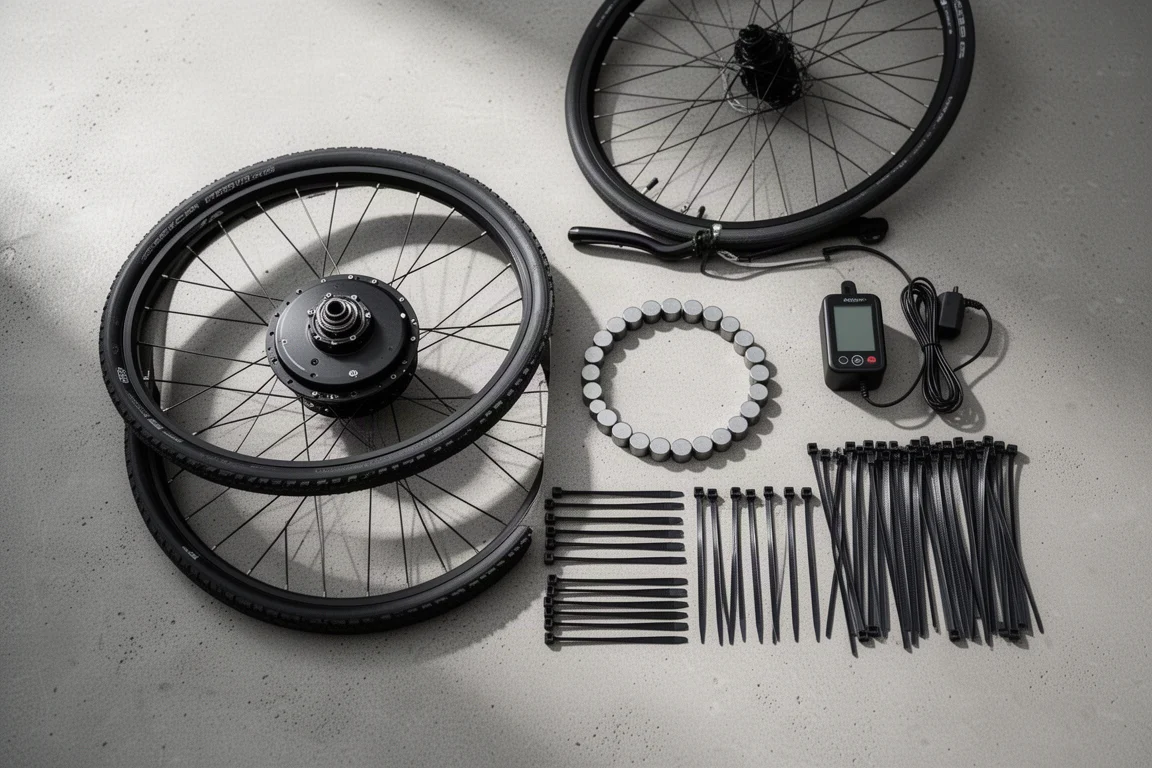 Vue à plat des composants de conversion électrique d'un vélo sur une surface en béton
