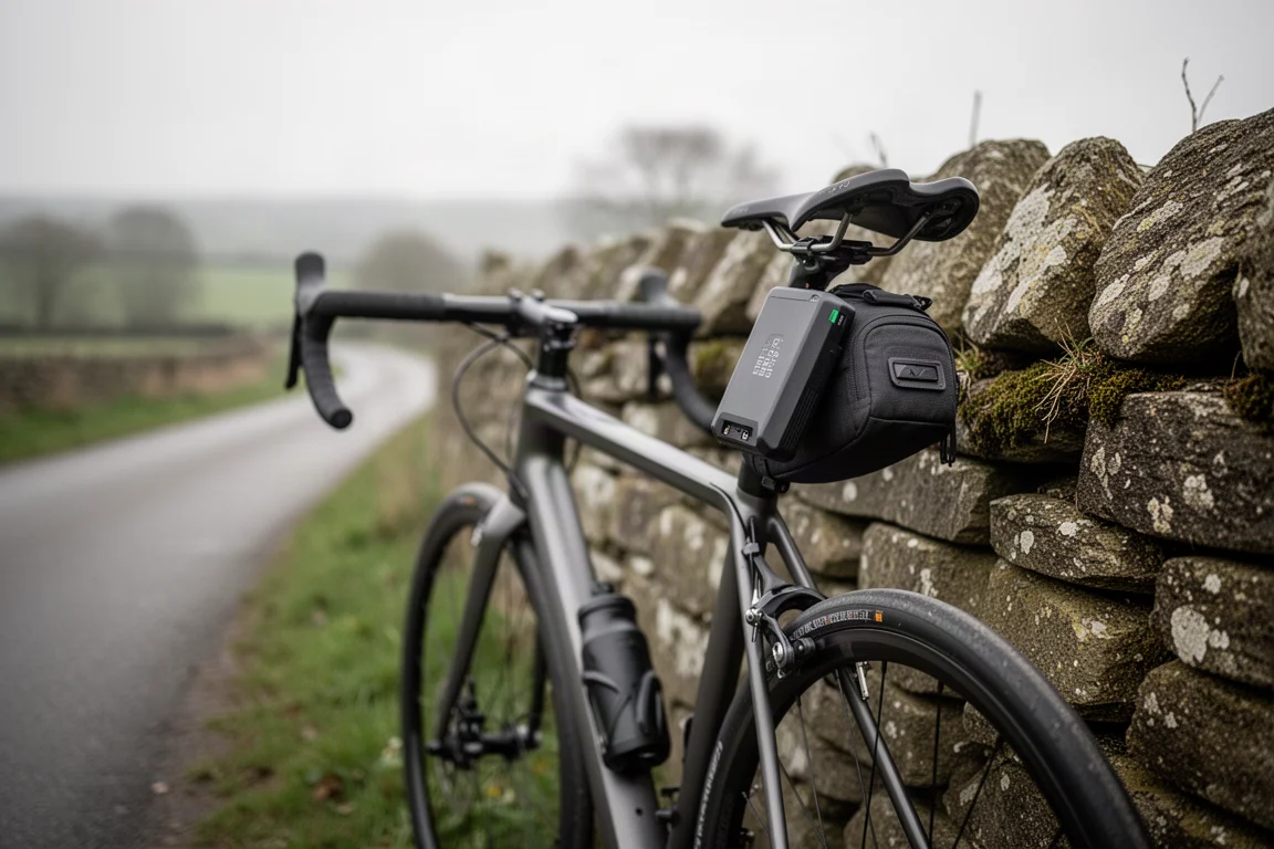 Vélo appuyé contre un mur en pierre, batterie retirée, au bord de la route