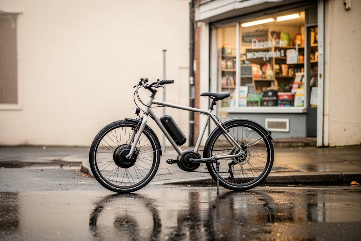 Vélo de trajet garé devant une boutique dans une rue calme de la ville