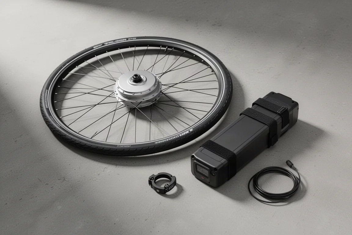 Ombouwkitset voor e-bike met gemotoriseerd voorwiel, accupack, pedaalsensor en kabel op beton