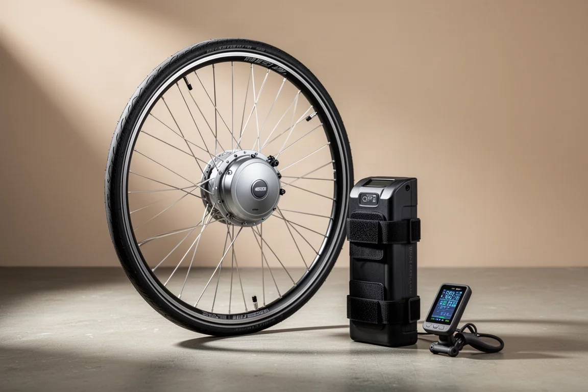 Voorwiel van een fiets met naafmotor, accupack en OLED-display op een betonnen ondergrond