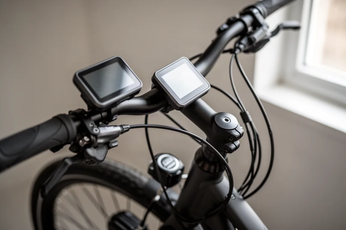 Nahaufnahme eines Fahrrad-Lenkerdisplays mit Kabeln und einem Vorderradnabenmotor darunter