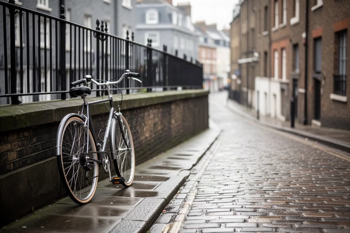 Fahrrad an einer abschüssigen Terrassenstraße mit nassem Kopfsteinpflaster zur Pendlerzeit