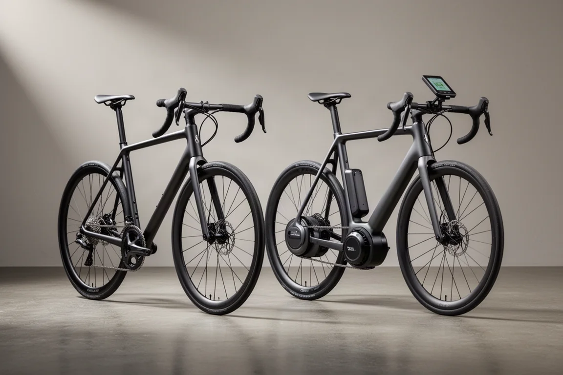 Lichtgewicht racefiets en een fiets met een voorwielnaafmotor naast elkaar op beton