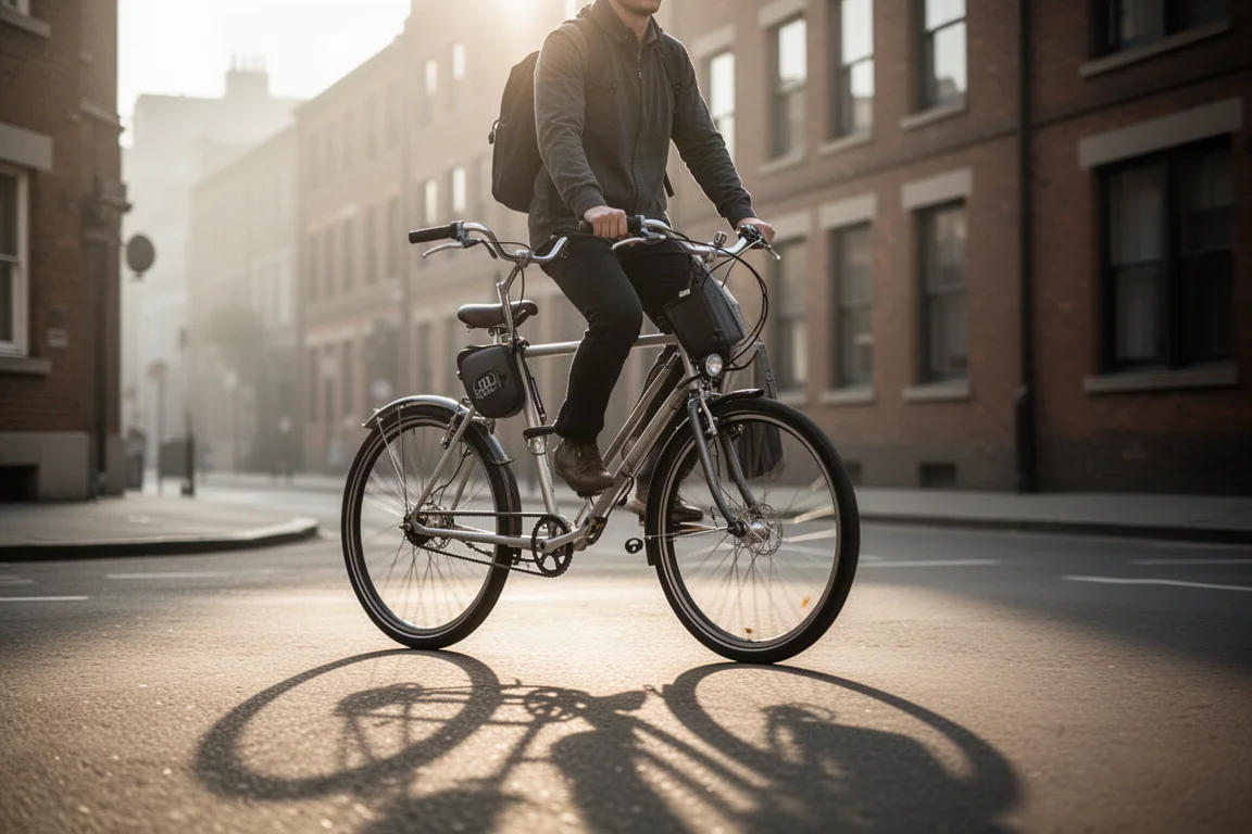 Bicicleta de commuting estacionada em rua urbana com roda de motor no cubo dianteiro instalada