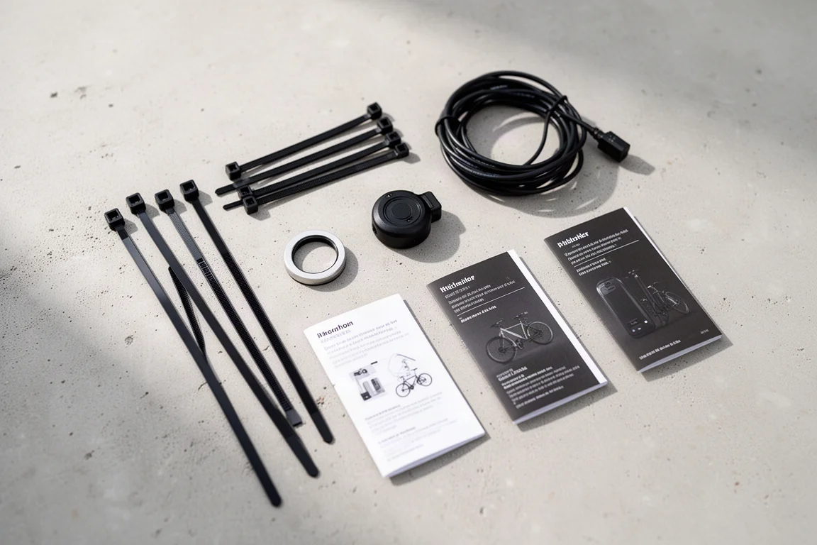 Close-up de um sensor de pedal assistido e anel magnético instalados perto do pedivela da bicicleta