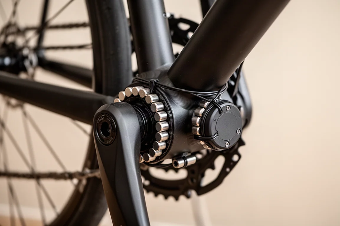 Ciclista subindo uma ladeira íngreme de cascalho em bicicleta com assistência elétrica ao anoitecer