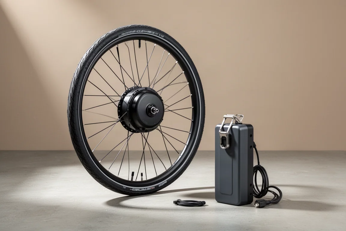 Front wheel with hub motor, battery pack and handlebar clamp on a concrete floor