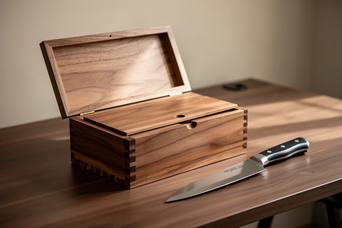 Handmade chef knife beside a dovetailed wooden presentation box on a desk