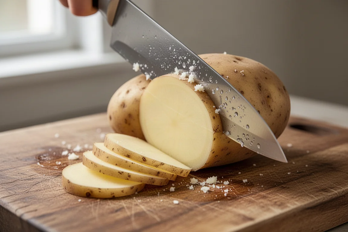 Chef knife slicing through a large potato on a wooden cutting board