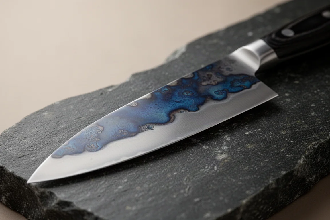 Chef knife with a deep blue patina forming on the blade surface