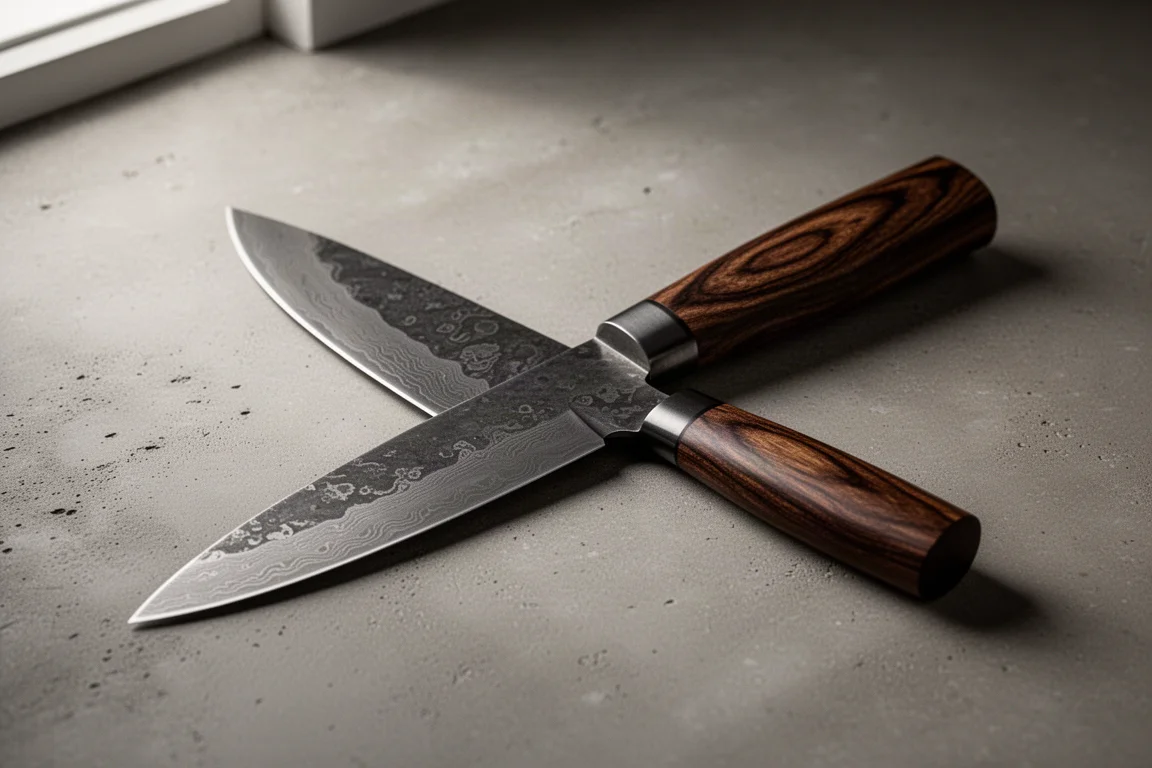 Handmade Damascus chef knife with dark ironwood handle on a concrete surface