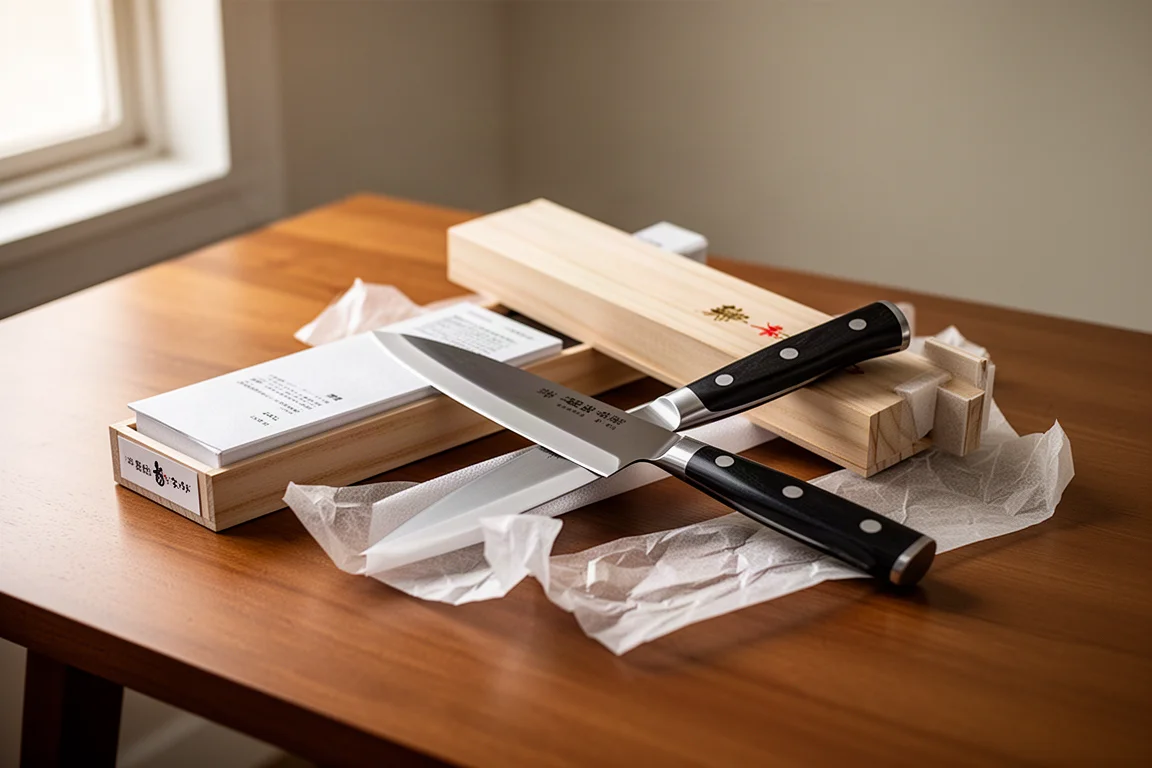 Unboxed nikiri knife resting in its protective box on a wooden table