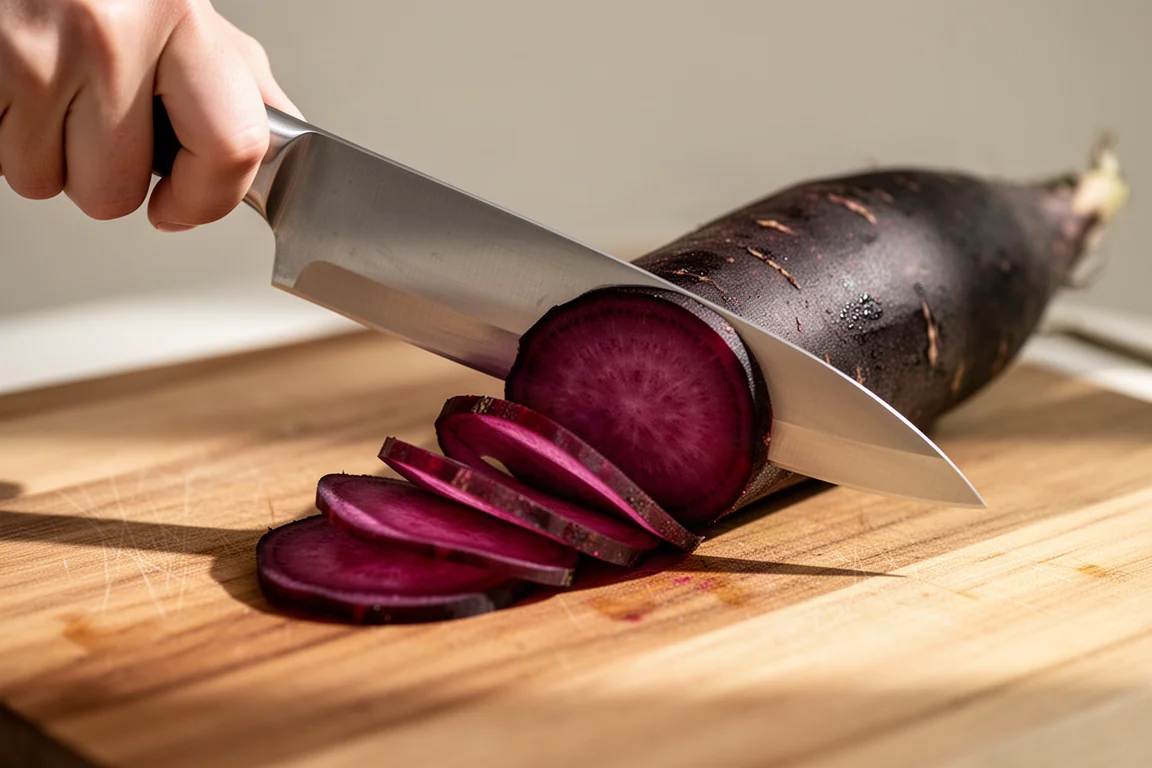 Nikiri blade slicing paper-thin slices from a dark carrot on a cutting board