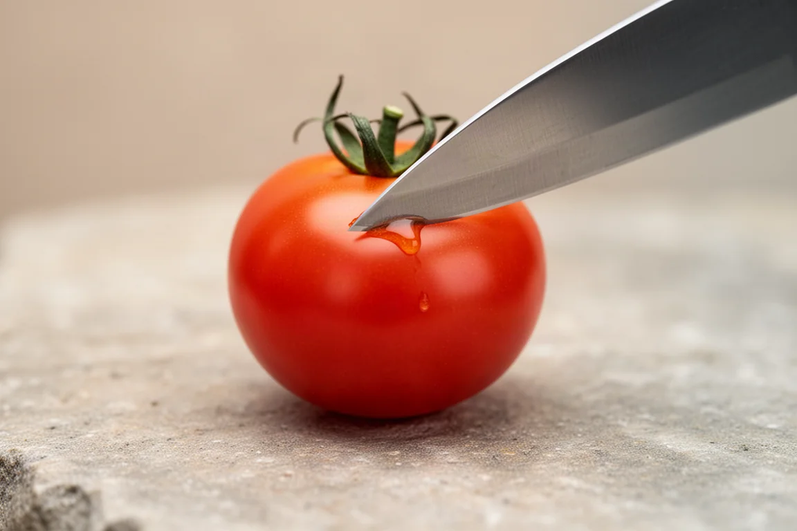 Bite edge test on a cherry tomato with a very sharp knife tip