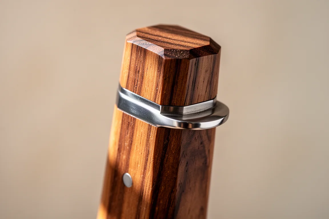 Close-up of a narrow wooden knife handle bolster with pinch grip pressure points