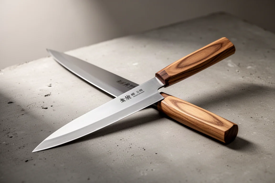 Honyaki nikiri kitchen knife with wooden hybrid handle on a concrete surface