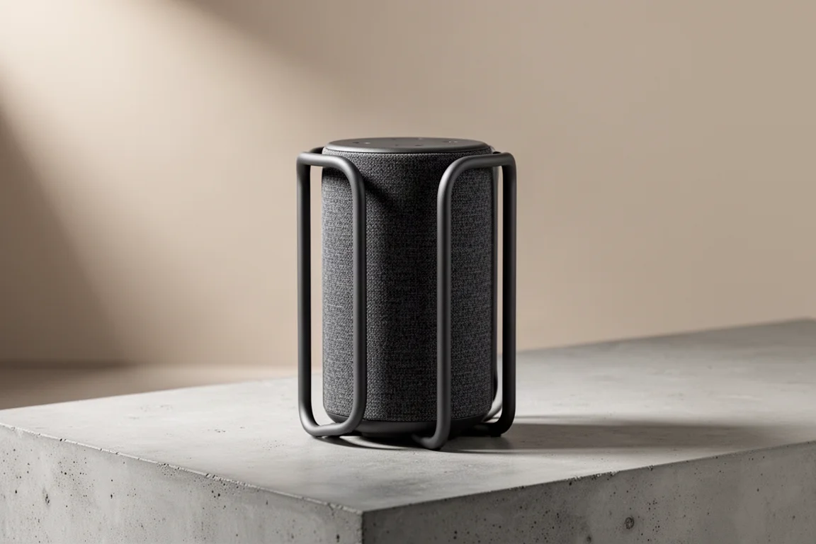 Cylindrical wireless speaker with open frame standing on concrete in a minimalist room