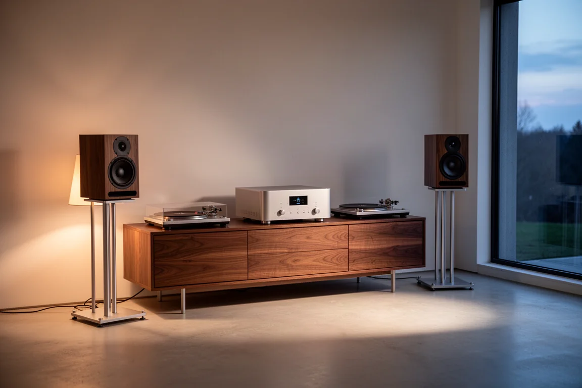 Minimalistyczne pomieszczenie odsłuchowe ze wzmacniaczem hi-fi w aluminiowej obudowie i kolumnami podstawkowymi o zmierzchu