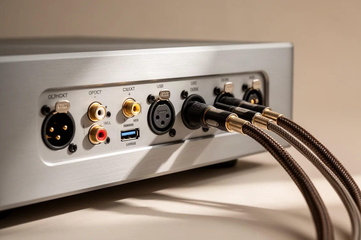 Zbliżenie na cyfrowe i analogowe złącza na tylnym panelu high-endowego urządzenia audio