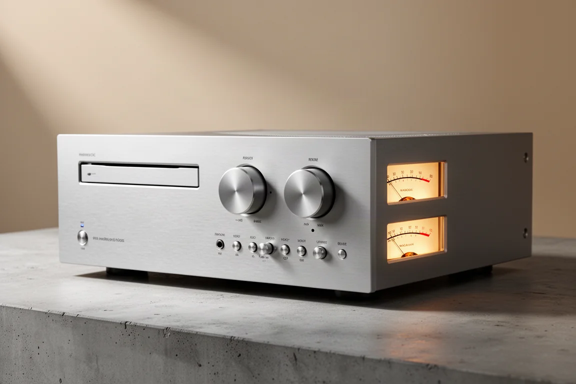 Brushed aluminium all-in-one hi-fi unit with VU meters on a concrete surface