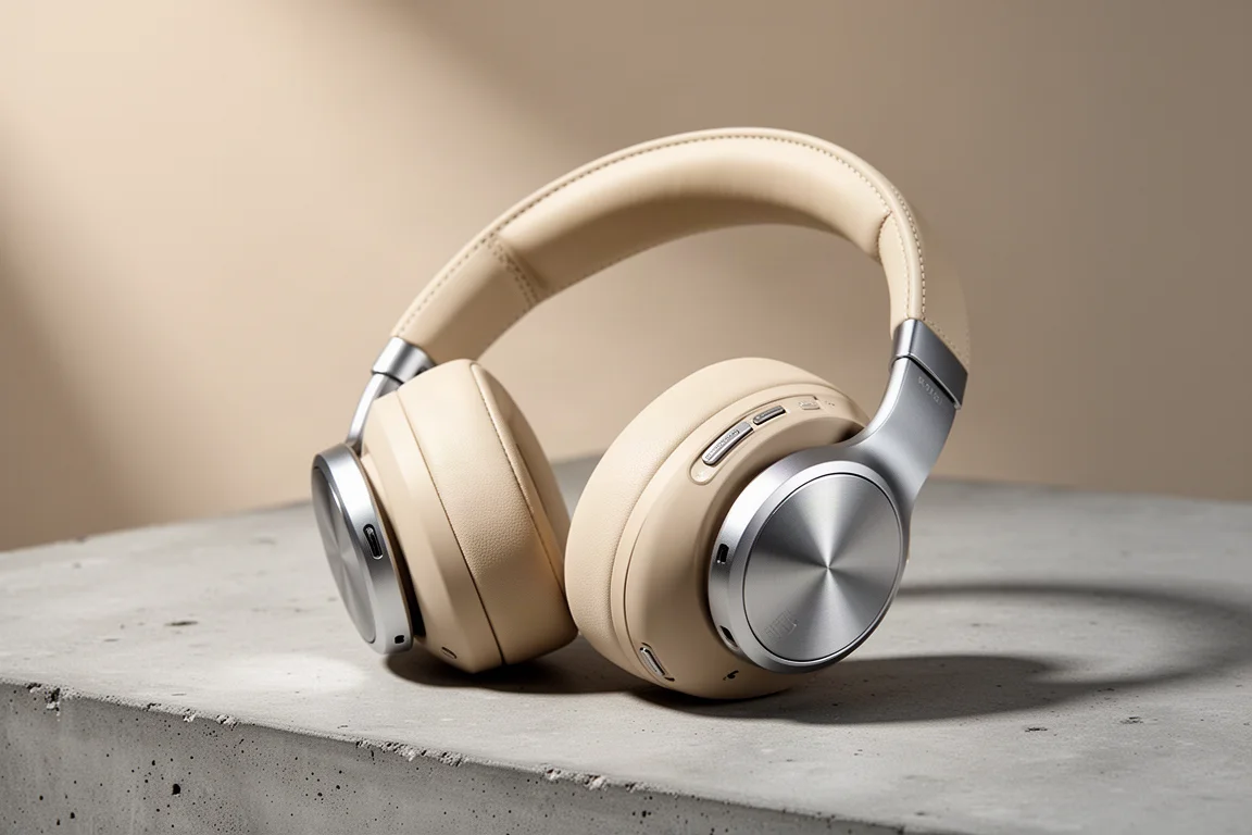 Premium wireless over-ear headphone in off-white tan on a matte concrete surface
