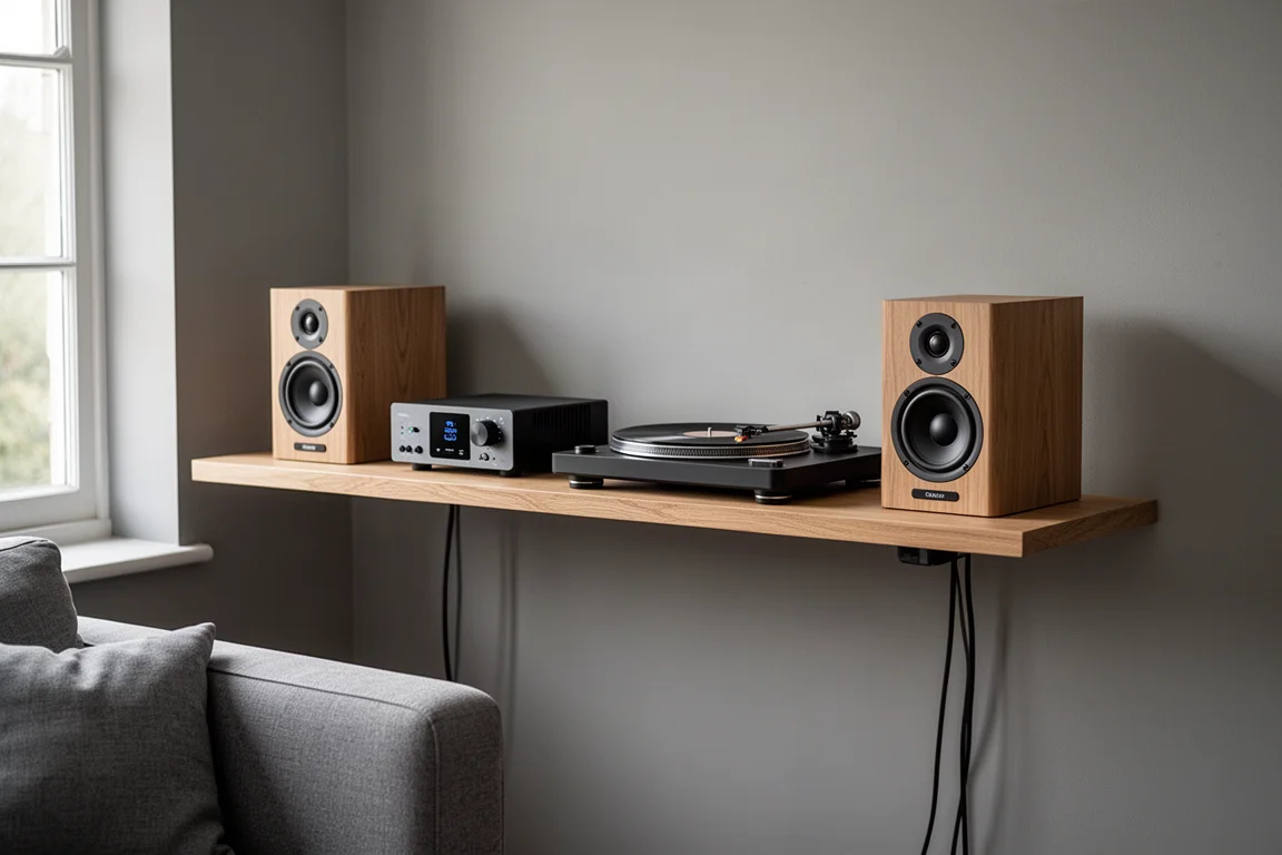 Sistema hi-fi compatto con amplificatore, giradischi e diffusori da scaffale su una mensola in legno