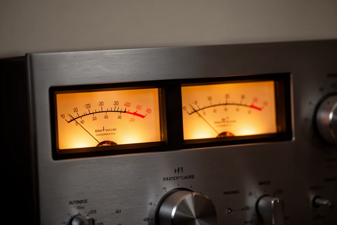 Primo piano di VU meter analogici con retroilluminazione ambra calda sul pannello frontale di un amplificatore