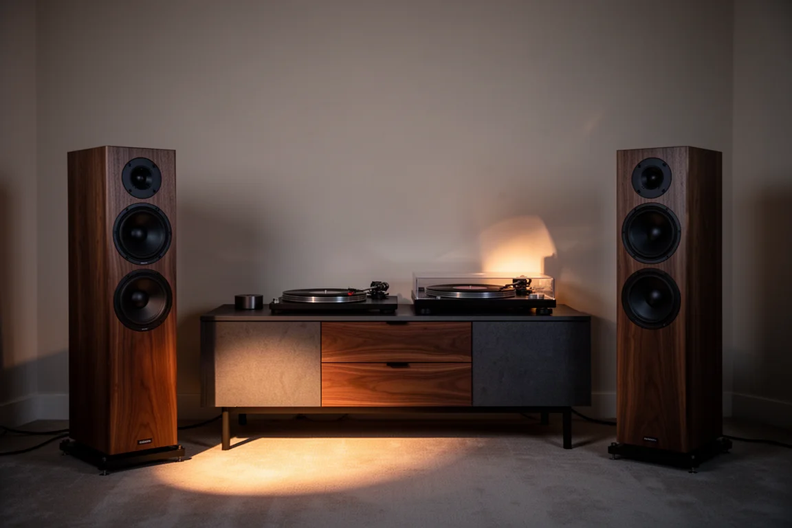 Sala d'ascolto al crepuscolo con diffusori da pavimento, credenza e giradischi alla luce calda di una lampada