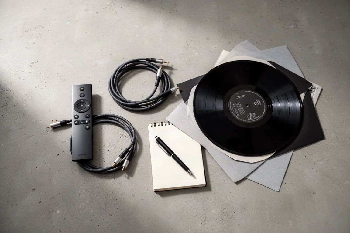 Vista dall'alto di un telecomando, cavi per diffusori e un disco in vinile su cemento