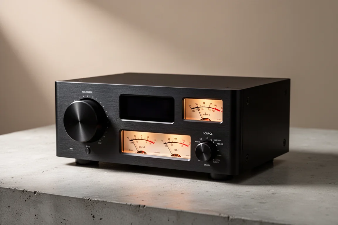 Compact hi-fi streaming amplifier with VU meters on a matte concrete surface